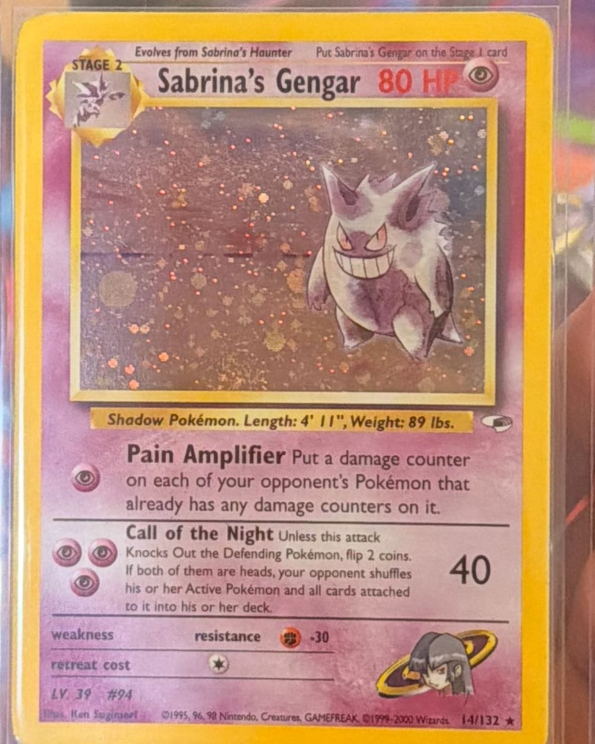 The same Sabrina’s Gengar in a toploader, its yellow border clean.