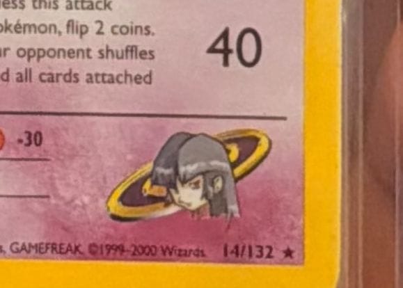 The bottom of Sabrina’s Gengar: Sabrina’s portrait, the copyright line and the card number 14/132.